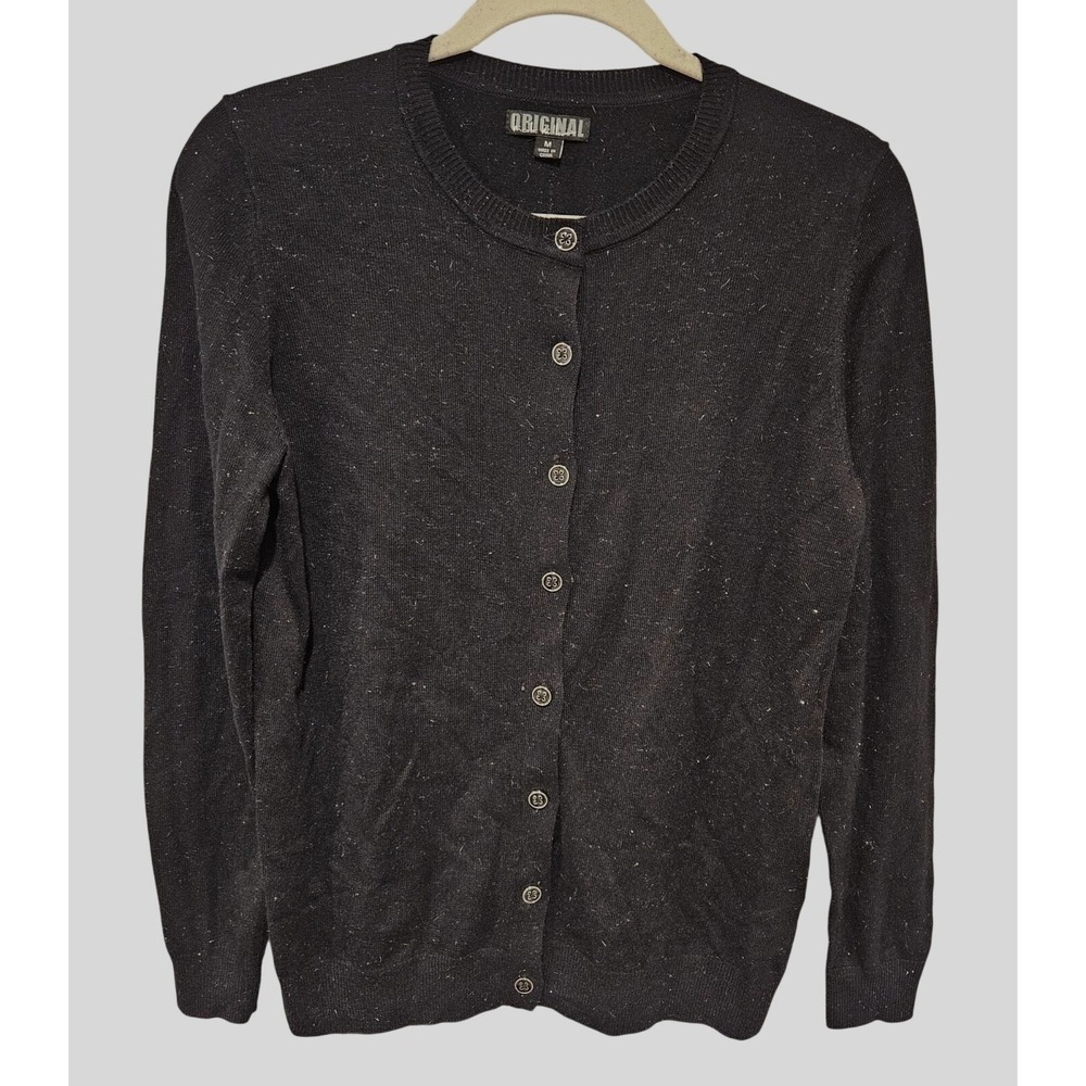 Original Nicole Miller Woman Size M Black Sparkle Knit Classic Holiday Cardigan